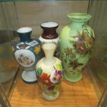4 early 20th century hand painted glass vases.