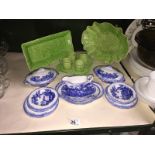 A quantity of Ridgeway blue and white porcelain, a set of green glazed items, egg cup on stand A/F,