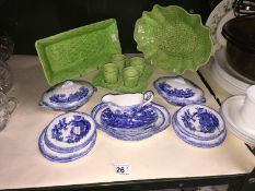 A quantity of Ridgeway blue and white porcelain, a set of green glazed items, egg cup on stand A/F,