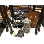 A mourning ware teapot & stand, 3 piece silver plate tea set,