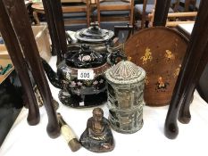 A mourning ware teapot & stand, 3 piece silver plate tea set,