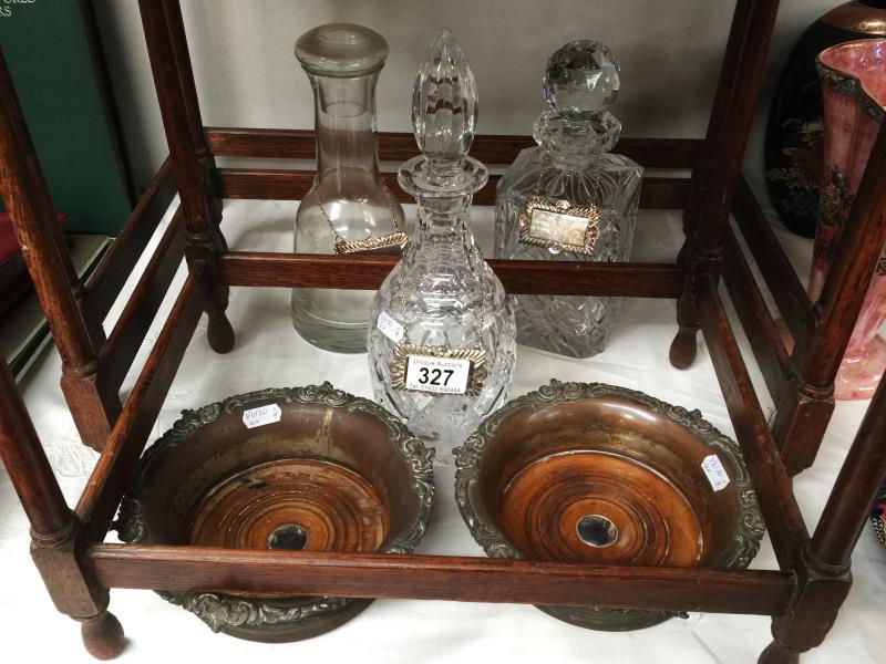 3 glass decanters, 3 silverplate decanter labels (brandy, gin,