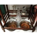 3 glass decanters, 3 silverplate decanter labels (brandy, gin,