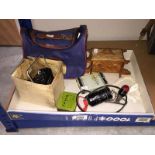 A mixed lot including binoculars, cycle lamps, carved box etc.