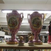 A pair of Edwardian romantic scene lidded vases.