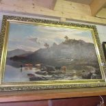 A gilt framed river scene with cattle,.