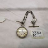 A Victorian ladies silver fob watch on silver Albert chain, in working order.