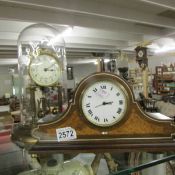 An anniversary clock with glass dome and key together with a mantel clock, a/f.