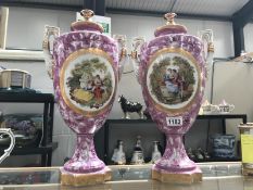 A pair of Edwardian romantic scene lidded vases