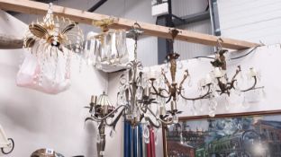 5 assorted ceiling lights including a pair of 3 branch chandeliers (glass droppers not complete).