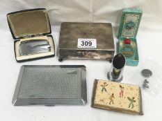 A silver plate cigarette box, a Ronson lighter, retro vogue powder compact etc.