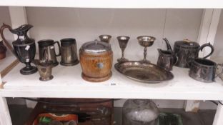 A quantity of silverplate items including tea set, ewer, tankard etc.