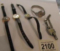 5 ladies wrist watches - Omega, Yoeman, Rytima, Hetig and a 9ct gold cased watch.