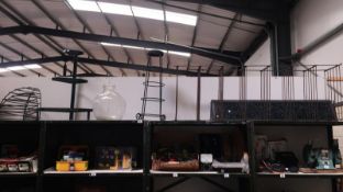 A set of folding plant shelves, 2 plant sun screens, a metal corner greenhouse stand,