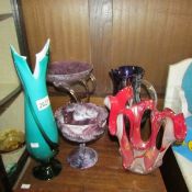 A Victorian slag glass sundae dish and 4 items of studio glass.