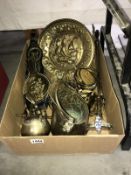 A box of brassware including bellows, vases & plaque etc.