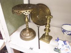 A Victorian brass trivet etc candlestick, toasting fork etc.