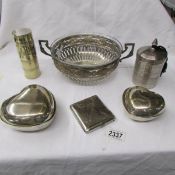 A silver plate bowl with glass liner, 2 heart shaped boxes, a cigarette case and 2 other items.