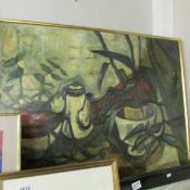 An expressionist oil on board painting in the style of Bernard Buffet of a still life depiction,