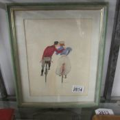 A framed and glazed study of cyclists signed L Huxley.