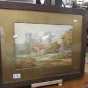 A framed and glazed watercolour, rural church scene.