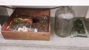 A quantity of vintage bottles and clay pipes and a Victorian brass instand A/F