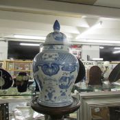 A blue and white ginger jar.