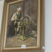 An oak framed oil on canvas 'The Spinner' signed L Moseley, image 29.5 c 40 cm.