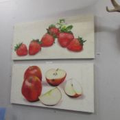 2 Clive Frederiksson 20th century still life oil on canvas paintings of strawberries and apples.