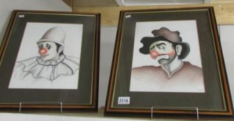 A pair of framed and glazed pencil and goauche clown paintings signed P McKenna.