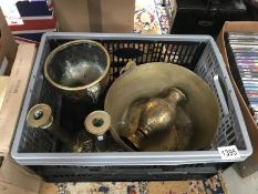 5 items of brassware, pair of candlesticks, jam pan, vase,