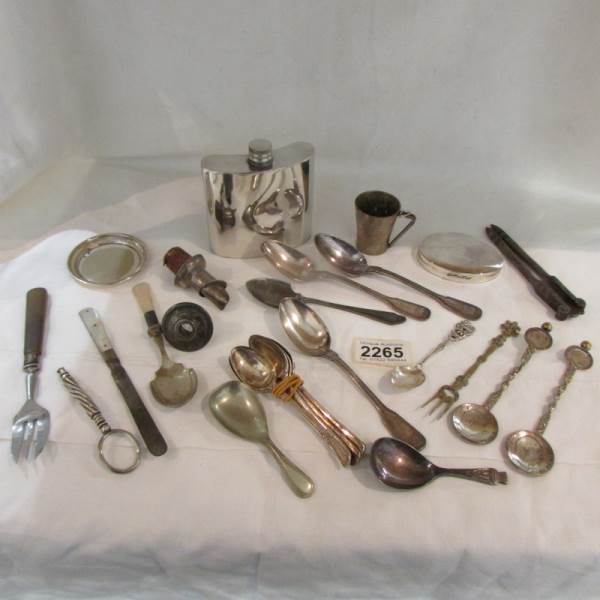 A mixed lot of silver plate including hip flask, cutlery etc.