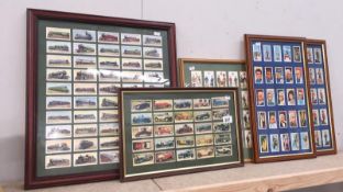 A framed and glazed set of Railway engines cigarette cards, vintage cars,