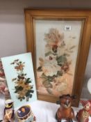 A Victorian floral painting on glass and 1 other