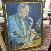 A Clive Fredriksson 20th century oil on board impressionist painting study of a jazz player.