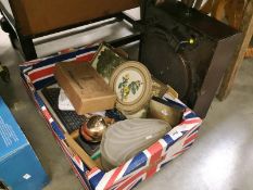 A mixed lot including art deco shades, record player A/F, cigarette box, silk embroided picture etc.