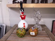 A Murano glass snowman clown, 2 art glass bowls and an art deco figure.