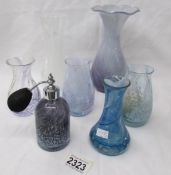 6 various glass vases including Caithness and a glass scent bottle.