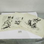 3 pen and ink drawings of scenes from the Walt Disney film 'Bambi' being 'Thumper',