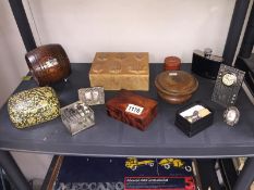 A mixed lot of boxes etc. including clock, hip flask, lacquered box etc.
