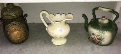 A pottery kettle jug and a Rumtopf