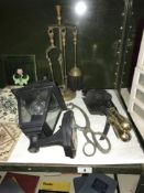 A porch lantern and a quantity of fireside tools including companion set
