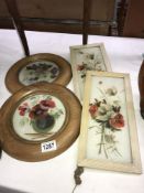 4 framed Victorian paintings on glass of flowers