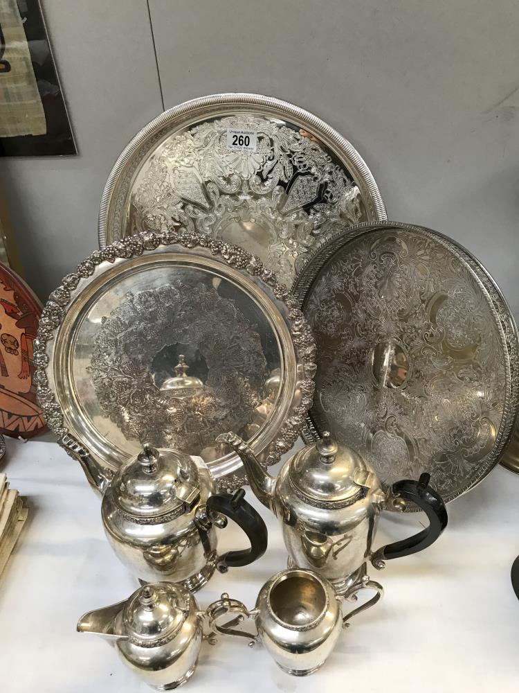 3 silver plated trays and a tea set