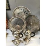 3 silver plated trays and a tea set