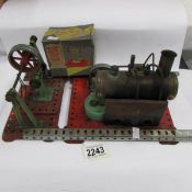 A Mamod steam engine, pulley and miniature grinder.
