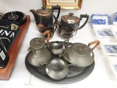 5 pieces Unity Pewter tea set including tray and 4 piece silver plate tea set