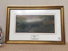 A f/g watercolour on board Welsh town landscape featuring British Railways steam locomotive with