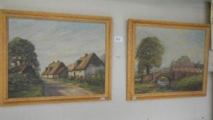 A pair of Harold Bennett oil on board paintings - one of a village scene entitled 'Baumber near
