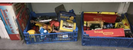 2 boxes of playworn diecast including Corgi, Matchbox, Triang railways and other old toys etc.